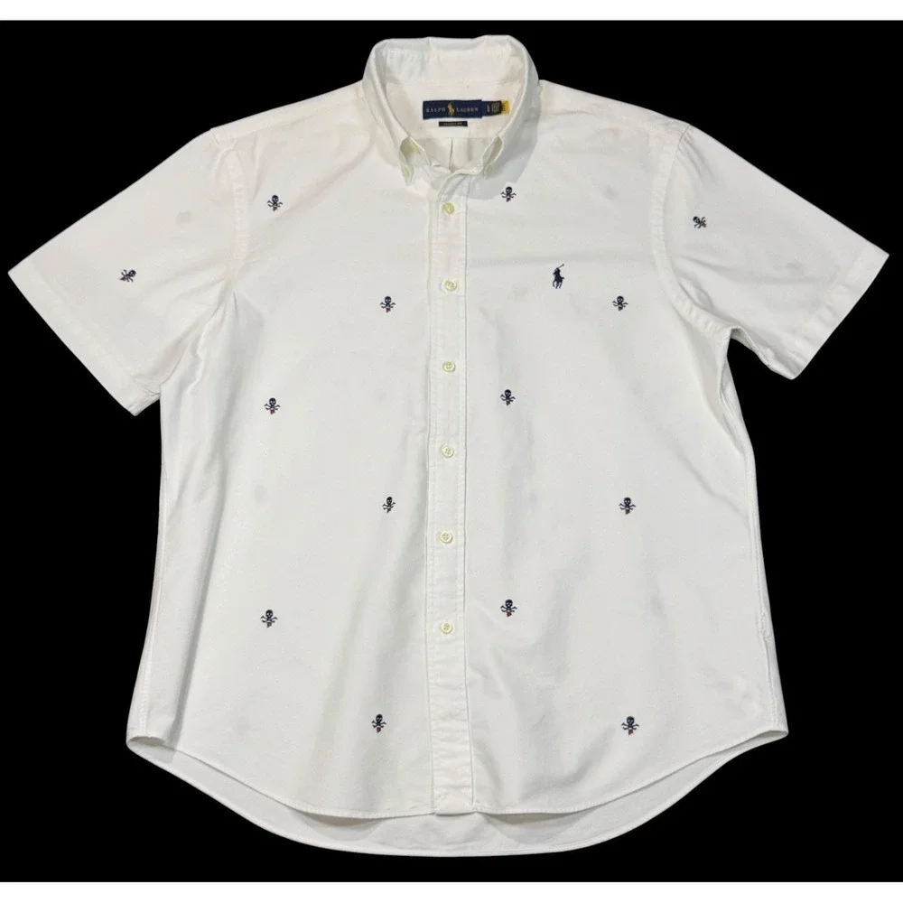 Polo Ralph Lauren Men's White Short Sleeve Skull and Bones Oxford Shirt Large